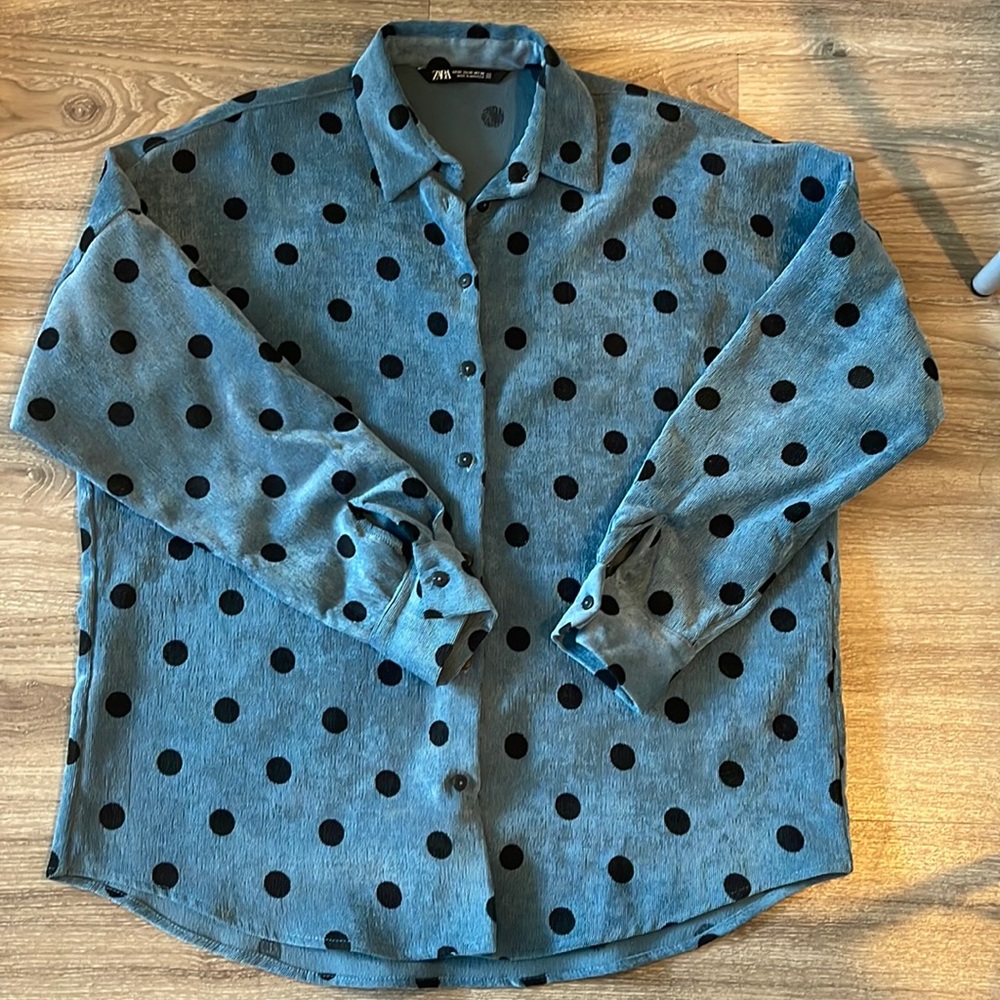 Zara oversized, polka dot, long sleeve, collard blouse, blue.